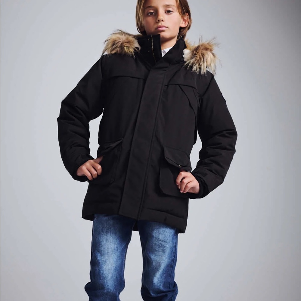Swiss Tech Black Puffer Jacket with Faux Fur Trim - kids size 6 but runs big